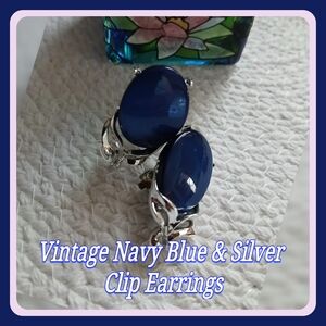 Vintage Navy Blue and Silver Clip Earrings